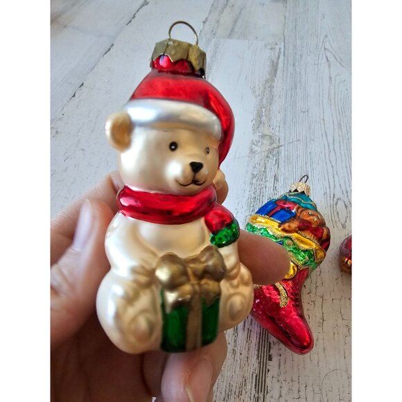 Vintage glass bear stocking ornament set presents glitter gold red Xmas tree - Picture 5 of 14
